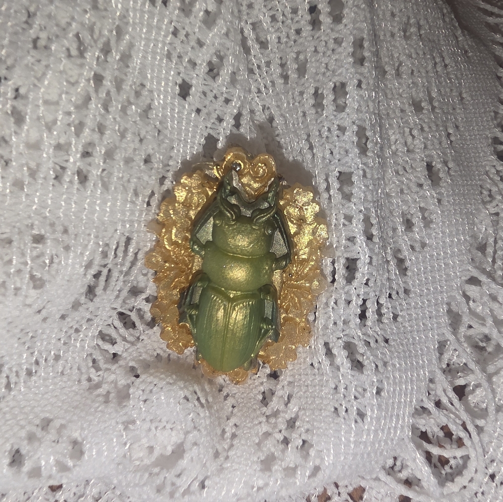 Yellow & Green Stag Beetle Brooch On Yellow Resin Frame 23x35mm